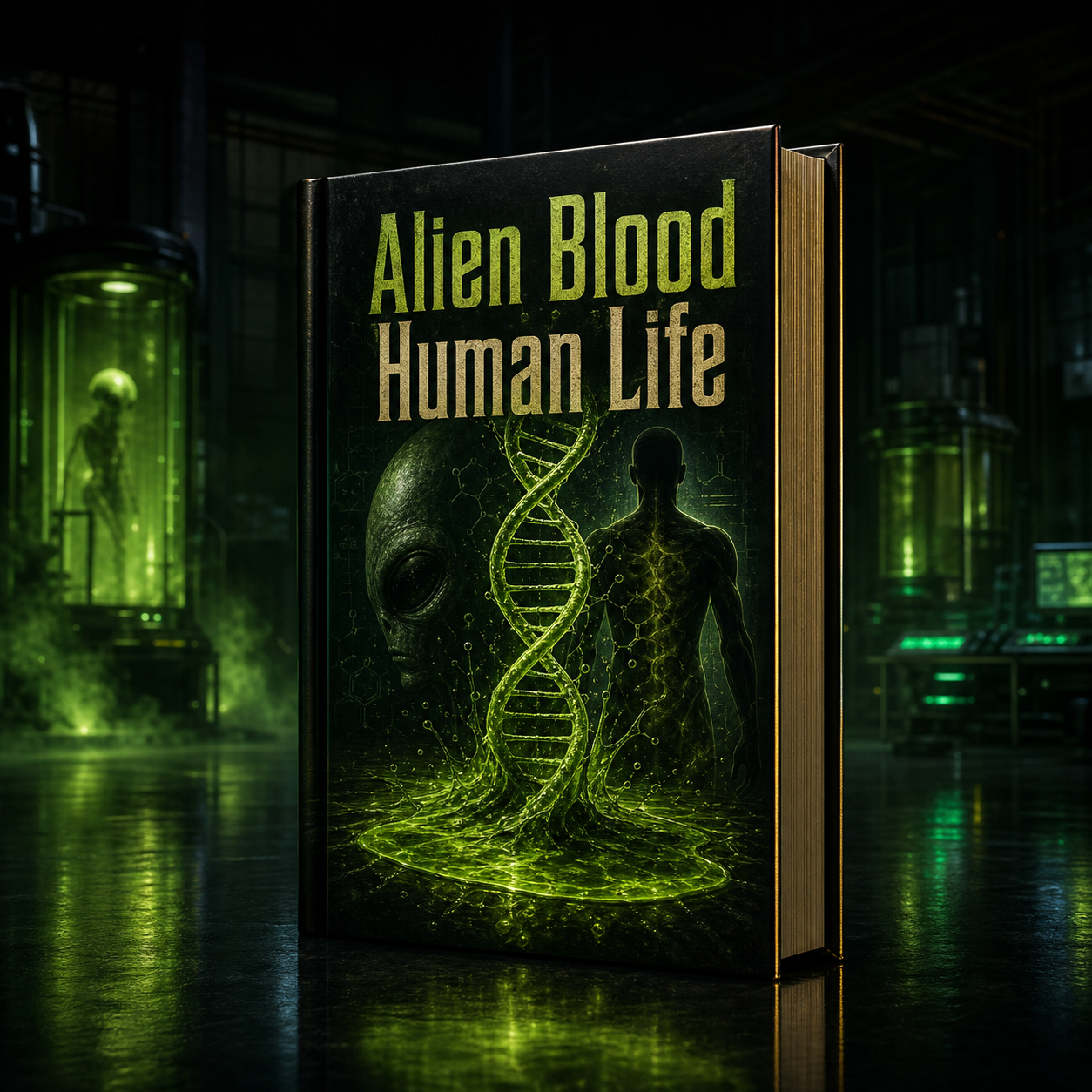 Alien Blood Human Life 3D thriller book mockup with glowing green DNA
