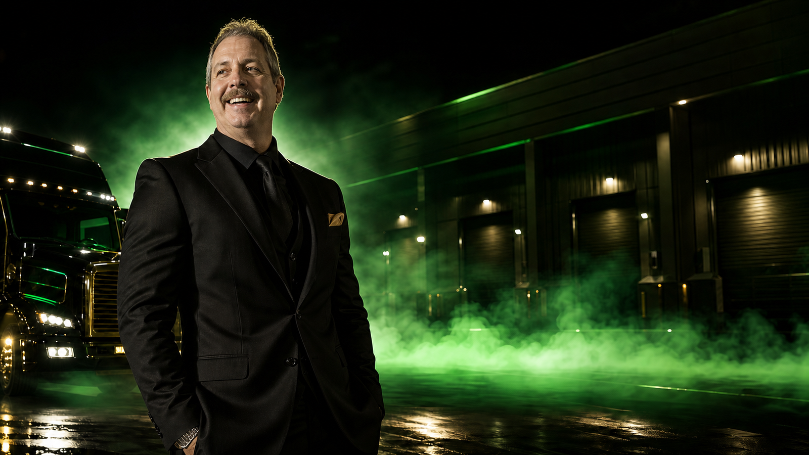 Cinematic businessman standing near moving trucks and an industrial warehouse with green sci-fi light