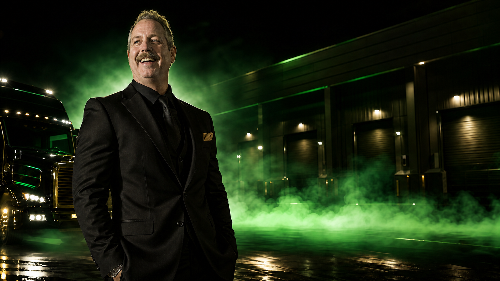 Jack Nicolosi brand portrait with warehouse and cinematic green light