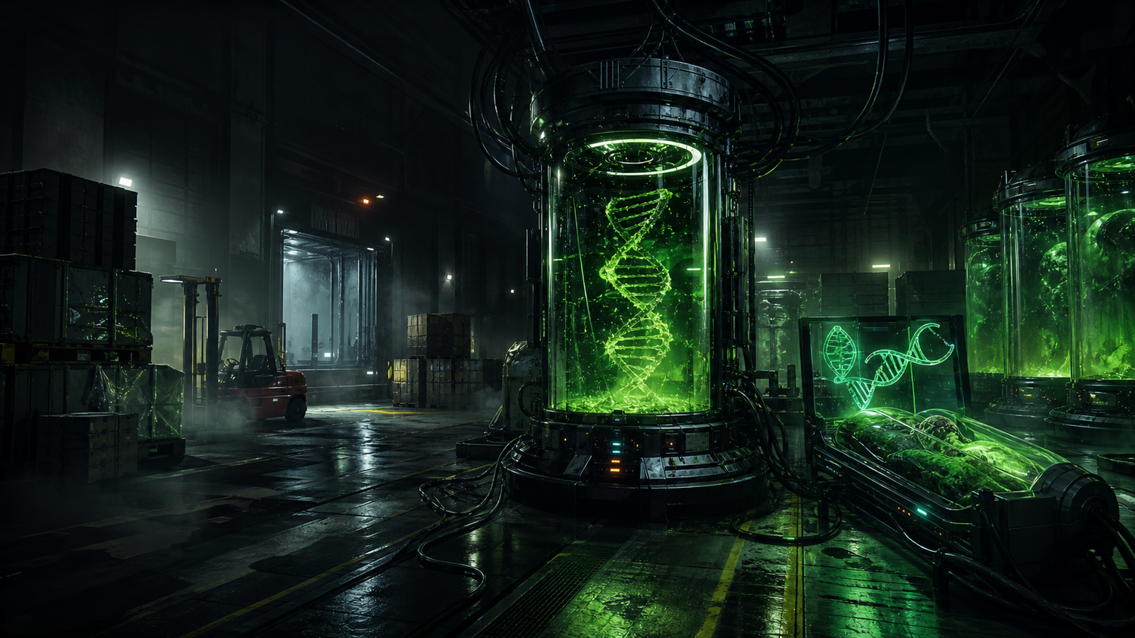 Futuristic classified lab with green alien blood containers and DNA visuals