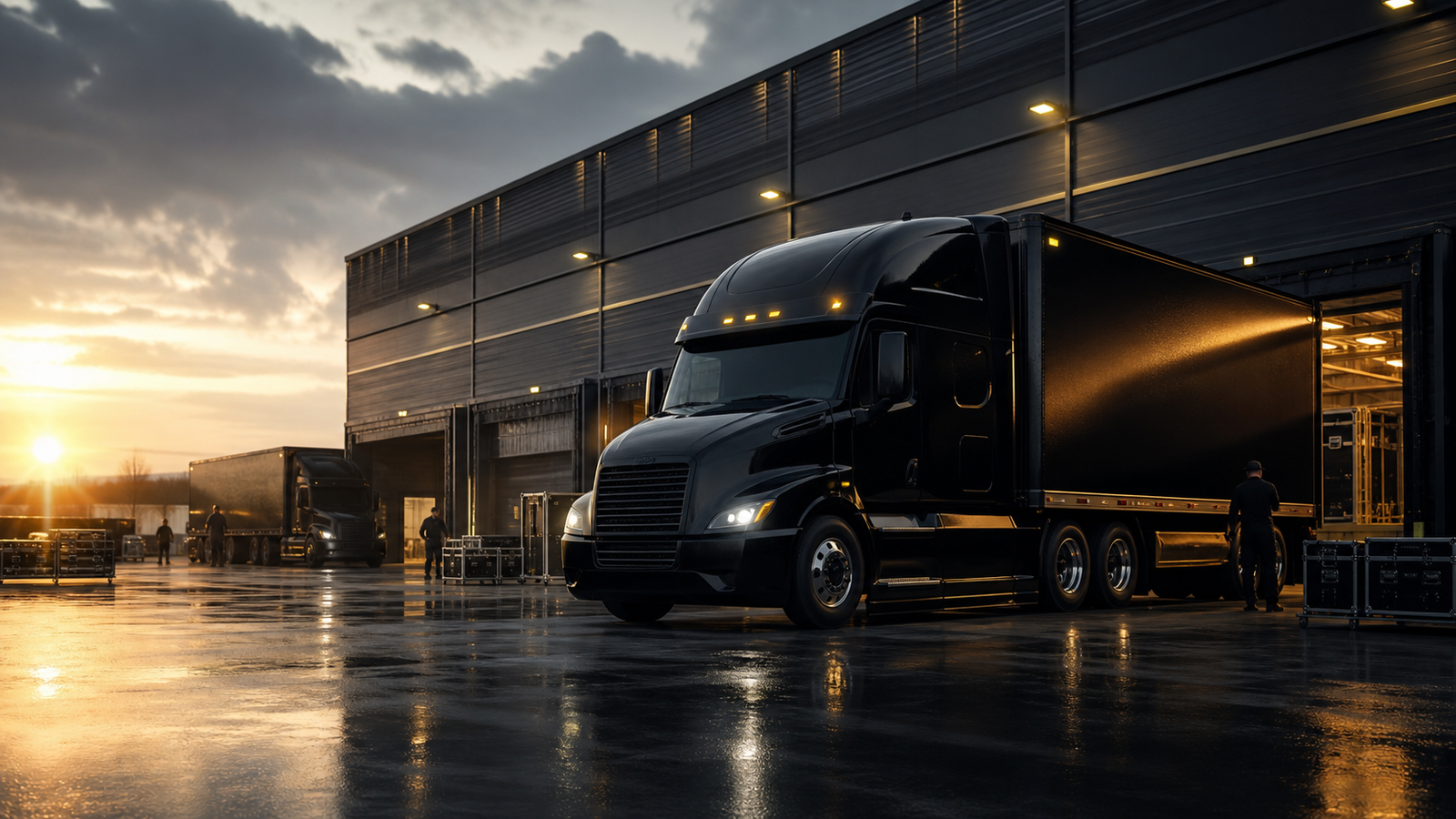 Luxury black moving trucks staged outside a modern industrial warehouse